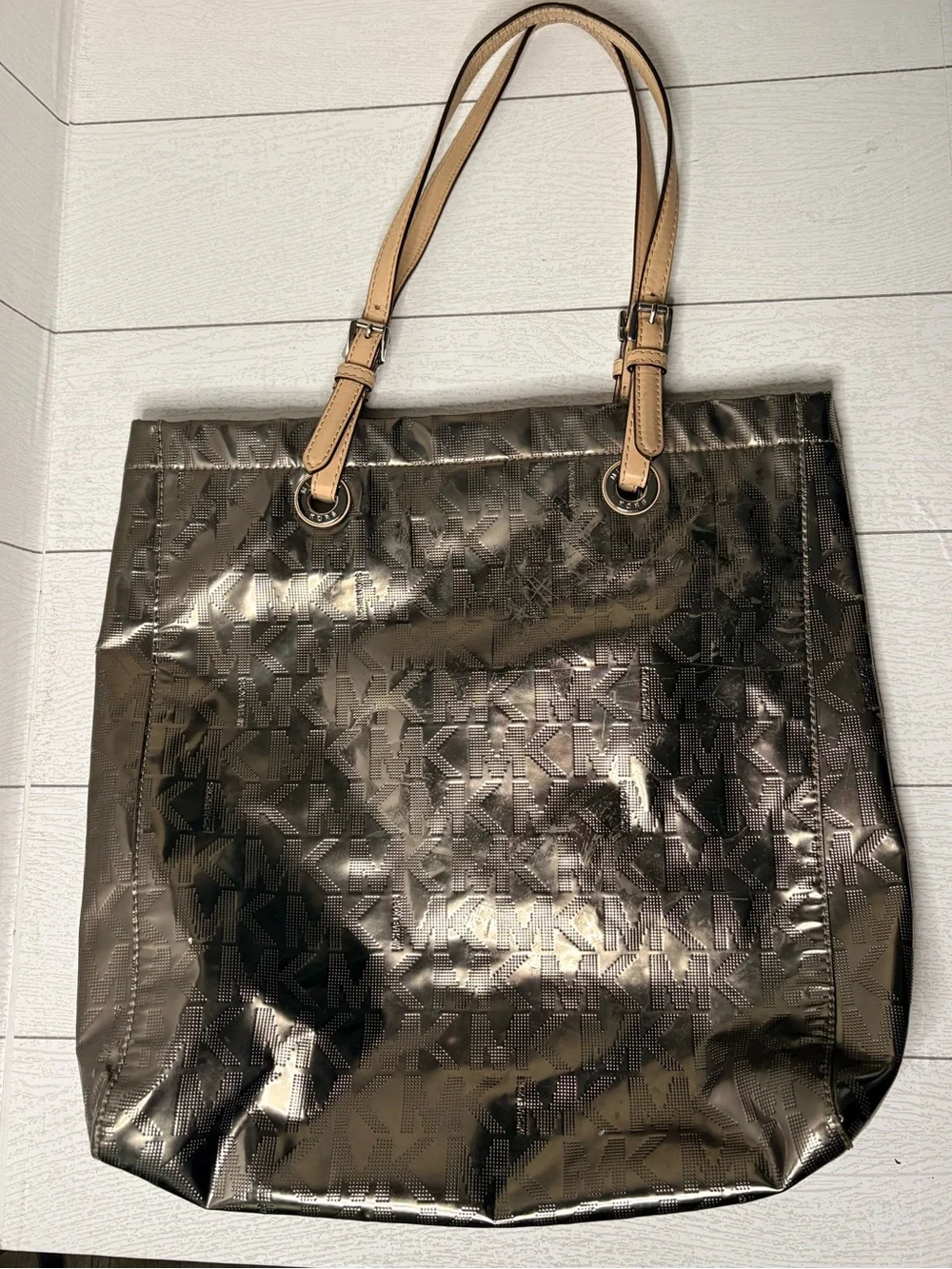 Michael Kors Metallic Bronze MK Logo Tote with Tan Leather Straps